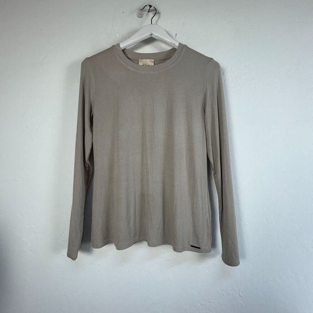 Elie Tahari Womens Taupe Long Sleeve Ribbed Knit Crew Neck T-Shirt Top Large New
